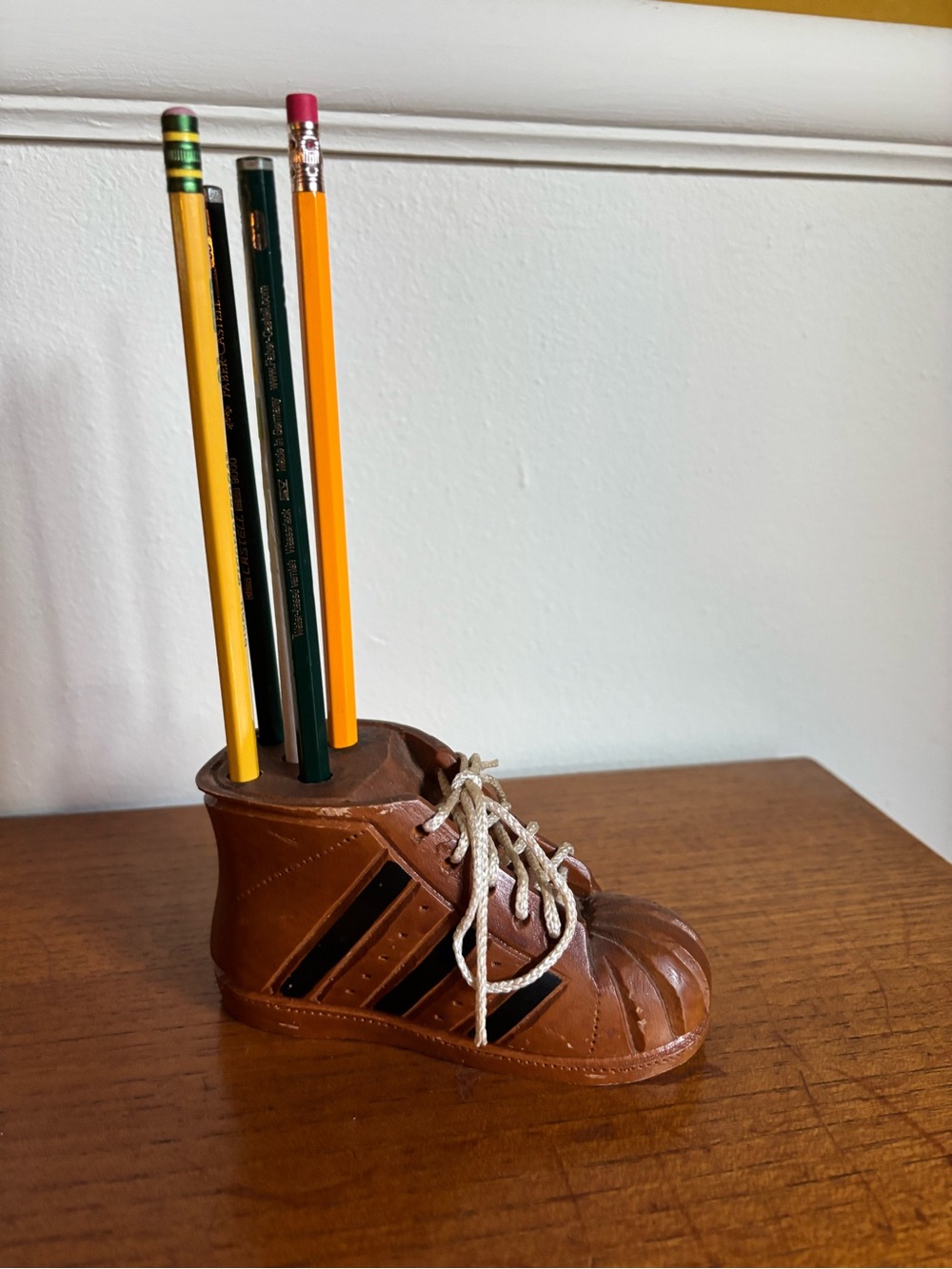 Vintage wooden sneaker pencil holder desk decor